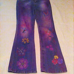 Jeans L.e.i. Juniors 7 Boot Cut Low Rise Hand Painted Upcycled One of a Kind